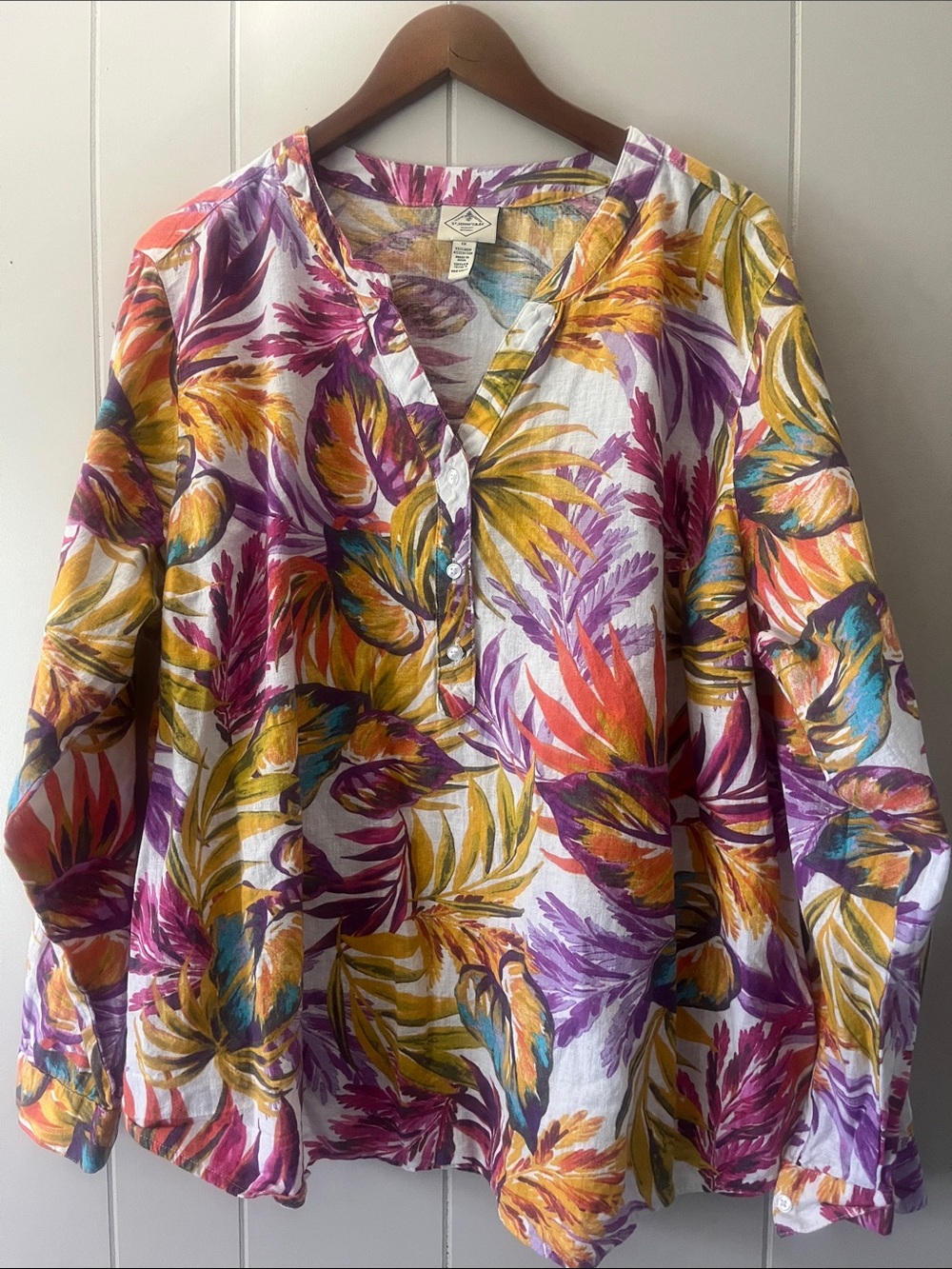 St. John's Bay Floral Button-Front Women’s Top in White, Purple, Yellow, Teal